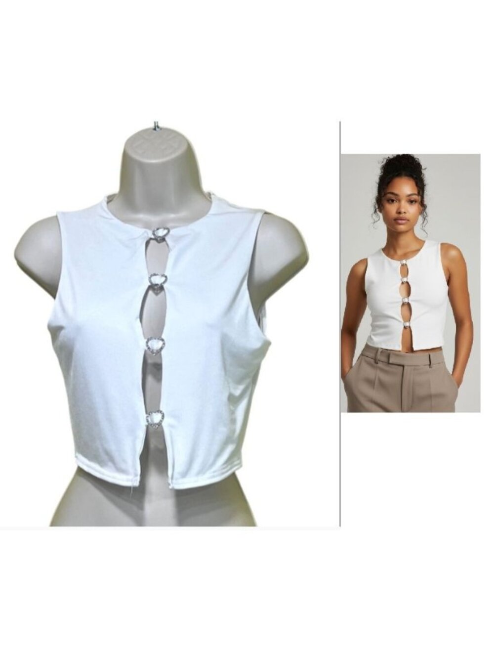 ASOS Design tank top with cut out front and heart trim in white, US 4